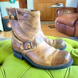 Womens Frye Brown Leather Engineer Boots with Distressed Finish